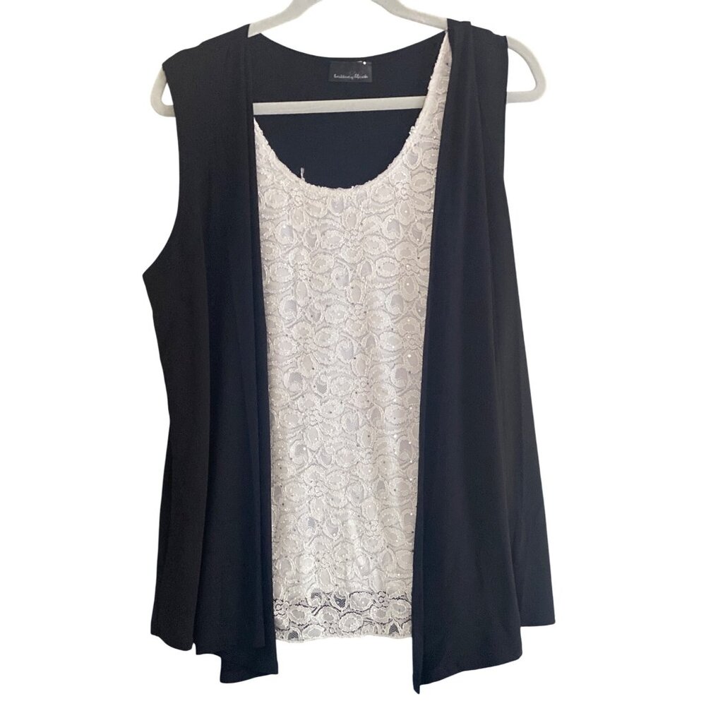 Brittany Black Top Black White Sequin Sleeveless Drape Open  Asymmetric Vest XL